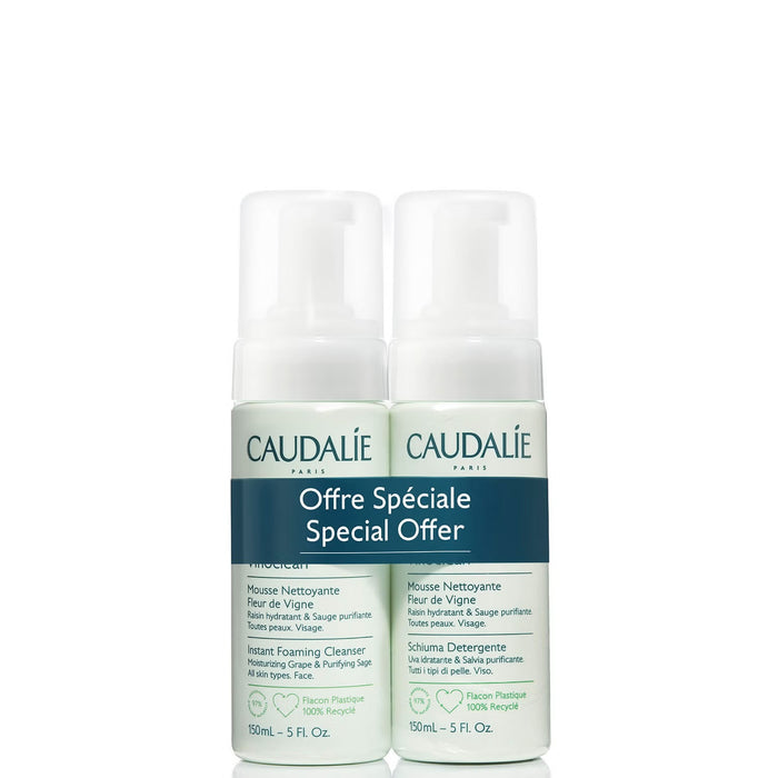 Caudalie Vinoclean Instant Foaming Cleanser Duo for skin cleansing, featuring two bottles of gentle foaming cleanser.