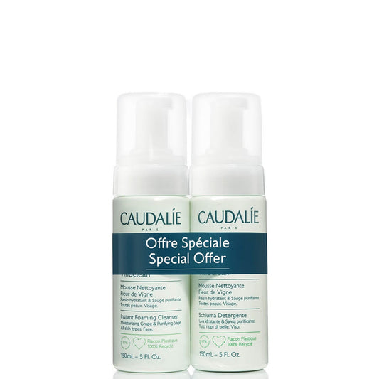 Caudalie Vinoclean Instant Foaming Cleanser Duo for skin cleansing, featuring two bottles of gentle foaming cleanser.