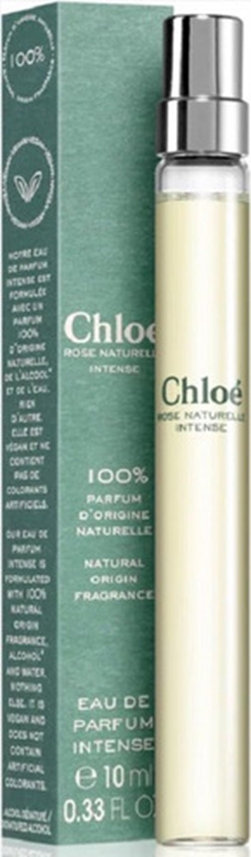 Chloe Rose Naturelle Intense 10ml EDP perfume spray featuring a sleek glass bottle with a soft pink cap.