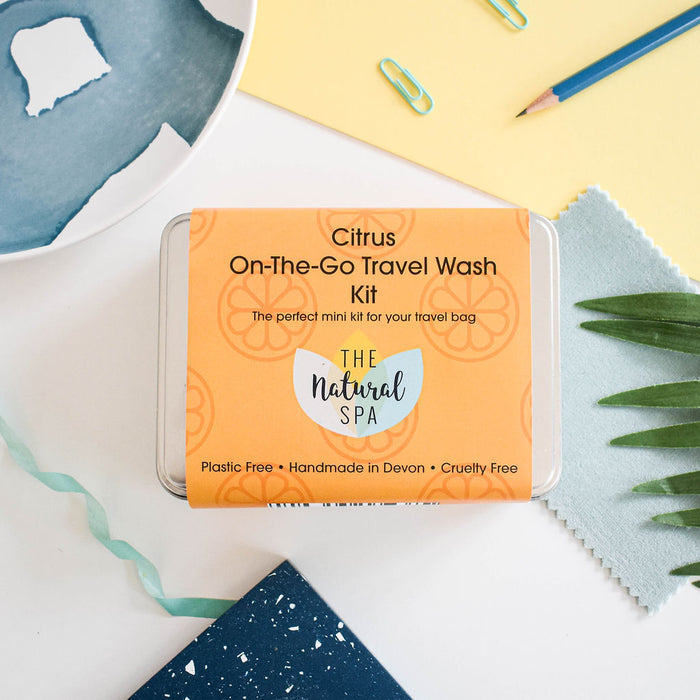 citrus on the go travel wash kit, travel tin, gift set, plastic-free, vegan, travel-sized, hand luggage