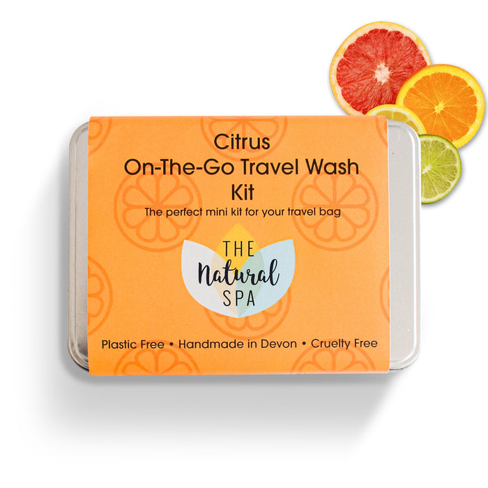 citrus on the go travel wash kit, travel tin, gift set, plastic-free, vegan, travel-sized, hand luggage