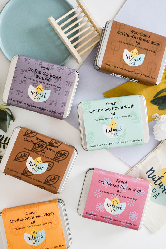citrus on the go travel wash kit, travel tin, gift set, plastic-free, vegan, travel-sized, hand luggage