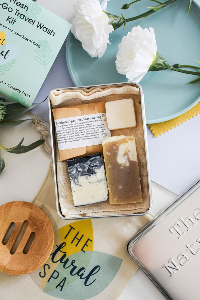 citrus on the go travel wash kit, travel tin, gift set, plastic-free, vegan, travel-sized, hand luggage