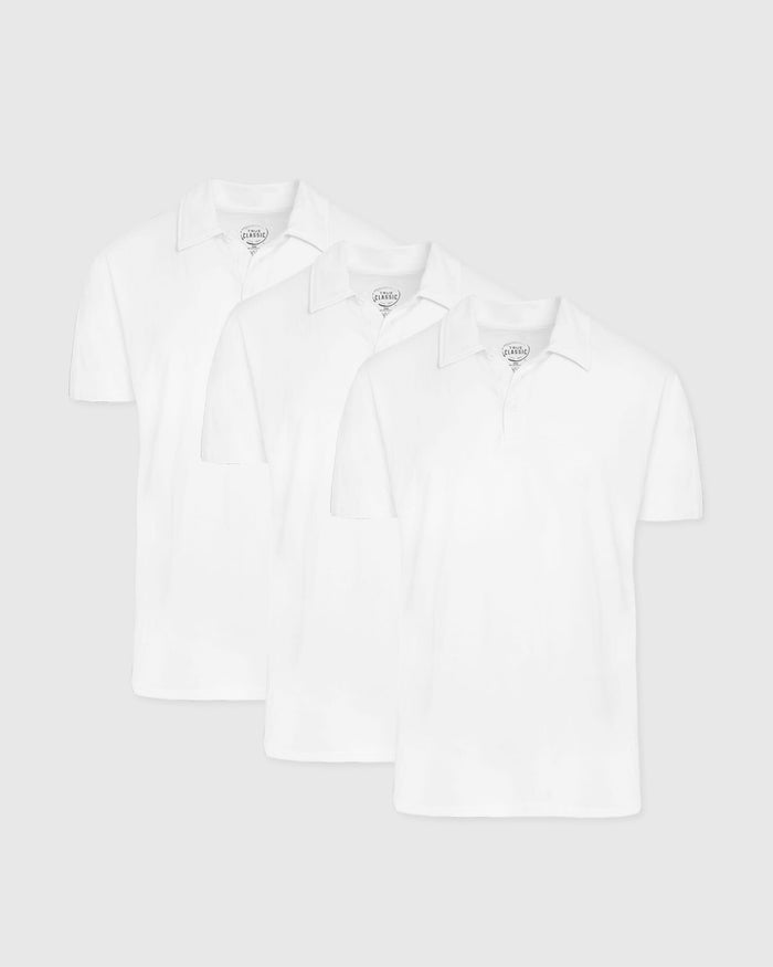 White Classic Polo 3-Pack: Three identical short-sleeve, collared polos displayed side by side.