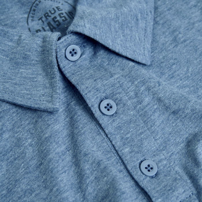 Heather Indigo Classic Polo with folded collar and button placket.