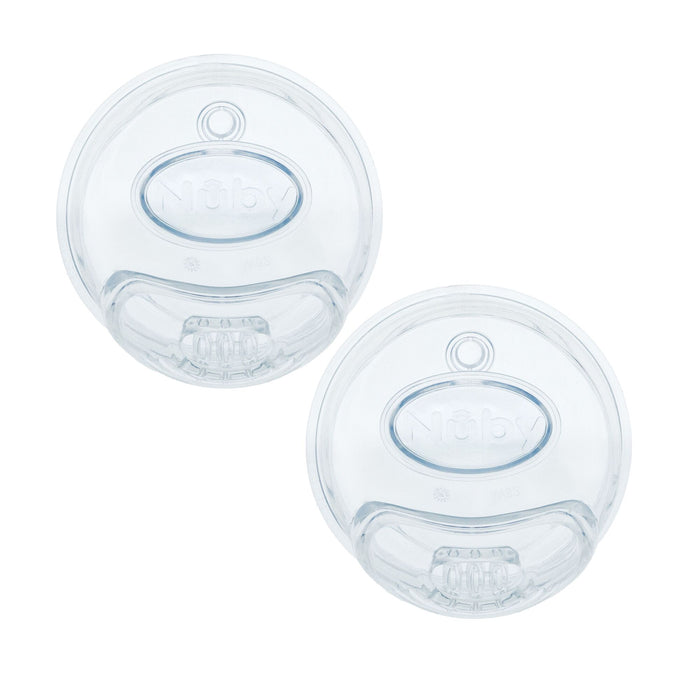 The Clik-it Insulated Cool Sipper Replacement Spout (2 Pack) includes two clear, round plastic lids with Nûby branding, a small circular opening, and silicone rim spout—perfect replacement for baby cup or container lids.