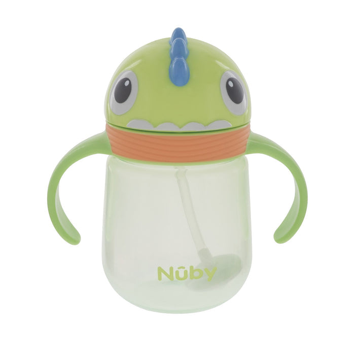 The Nuby Clik-It Silicone Straw Trainer Cup | Dino is a green, leak-resistant sippy cup with two handles and a lid featuring a cartoon monster face, big eyes, blue horn, and an easy-sip silicone straw.