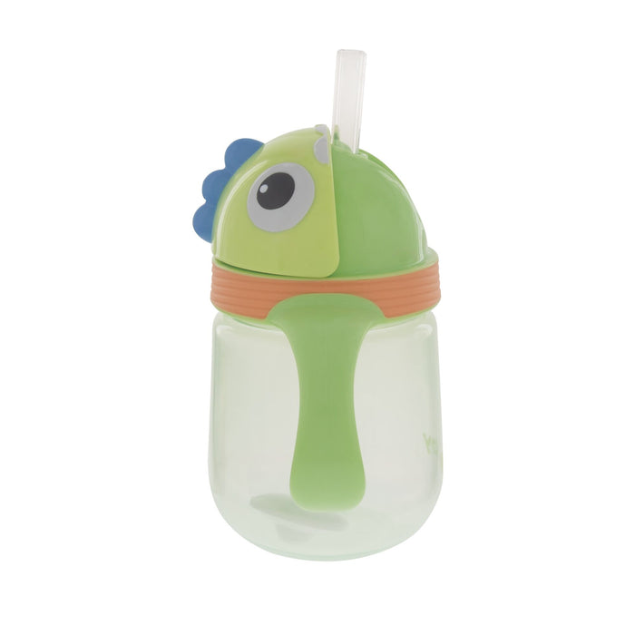 The Nuby Clik-It Silicone Straw Trainer Cup | Dino is a clear, leak-resistant sippy cup with a dino-shaped green lid, fin accents, large eye detail, orange stripe, and built-in silicone straw for easy sipping.