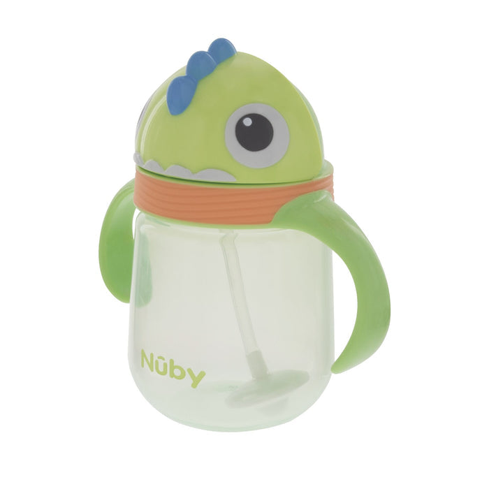 The Nuby Clik-It Silicone Straw Trainer Cup | Dino is a green, leak-resistant sippy cup with two handles and a cartoon dinosaur lid featuring a big eye and blue spikes. Its clear body has a weighted straw for easy sipping from any angle.