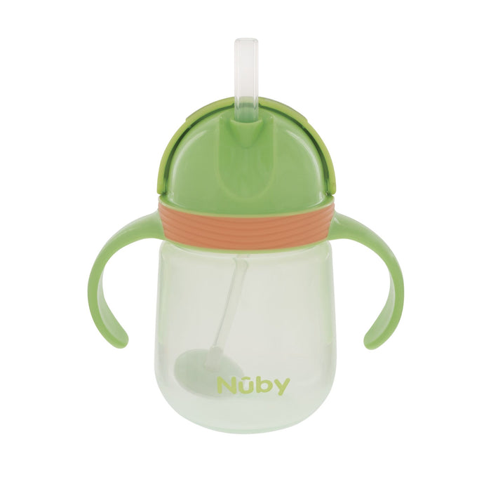 The Nuby Clik-It Silicone Straw Trainer Cup | Dino features a green flip-top lid, dual handles, and a transparent base with the Nuby logo. Its leak-resistant design is perfect for little hands learning to drink independently.