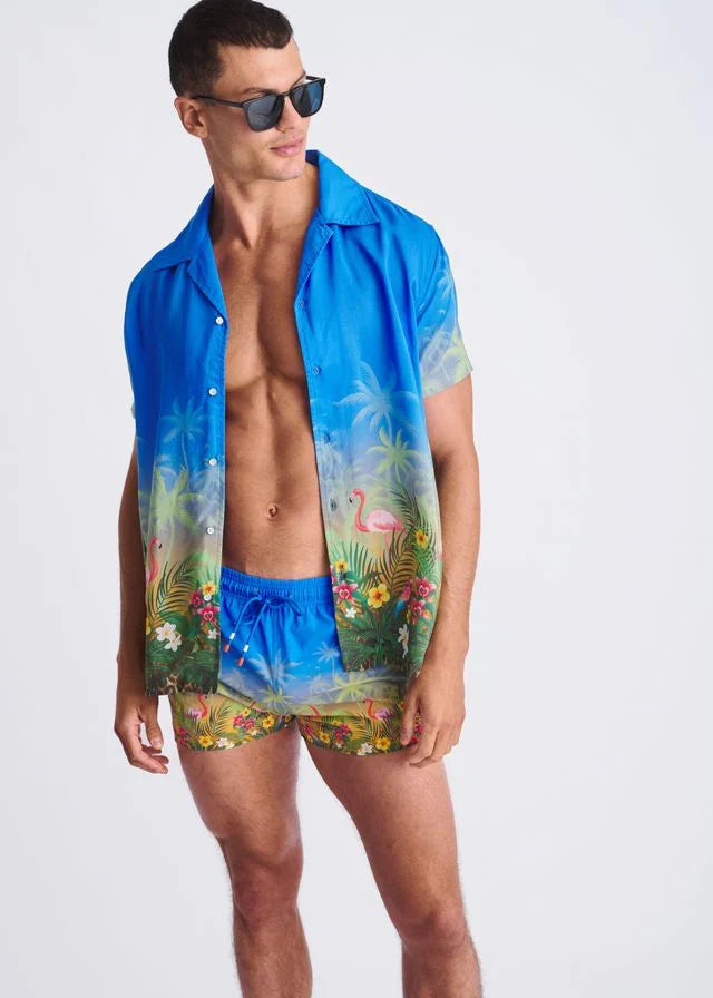 Cobalt/Flamingo Tropics 2.5" Inseam Printed Swim Shorts W/ Mesh Lining PM-6002-68