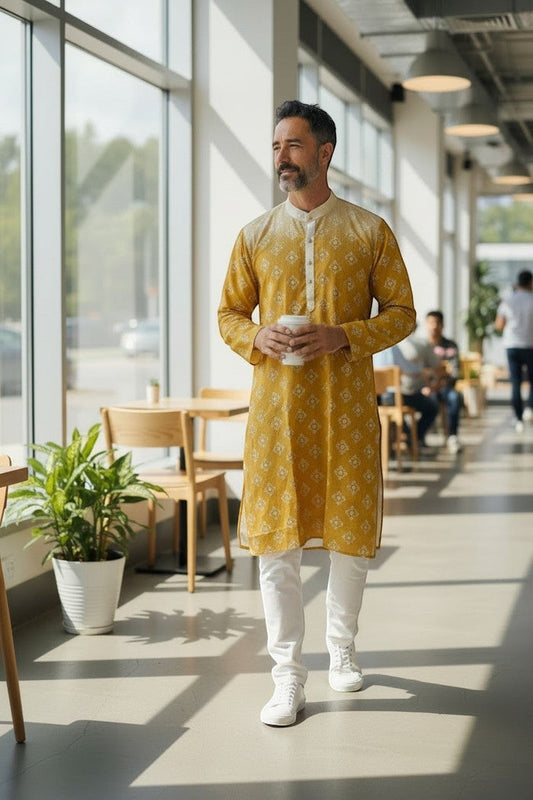 House Of Indian Wedding Attire men's yellow cotton kurta pajama with white patterned print and white pants.