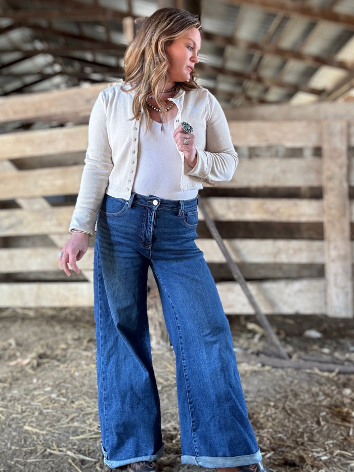 Cream Button-Down Ribbed Knit Top