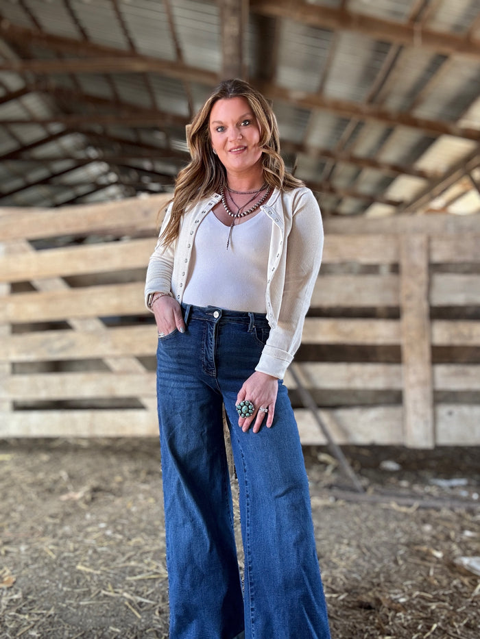 Cream Button-Down Ribbed Knit Top