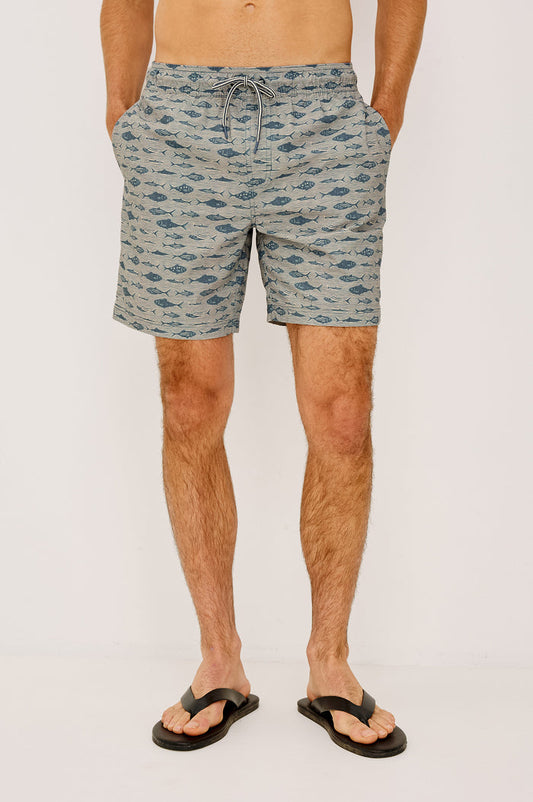 Dane Swim Short in Stretch Cotton Poly Blend With Drawstring Waist Ties, Relaxed Fit, Side Pockets, and Back Zip Welt Pocket in Vintage Aquarium Etch Colorway - Lower Body Front View Featured on Model