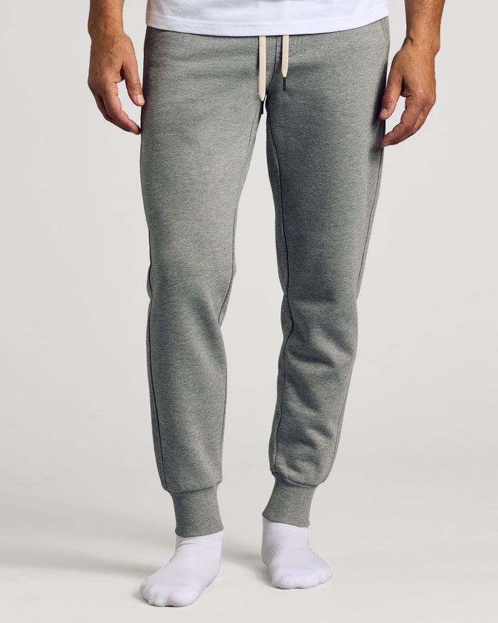 Dark Heather Gray Joggers with ribbed cuffs and drawstring waistband.