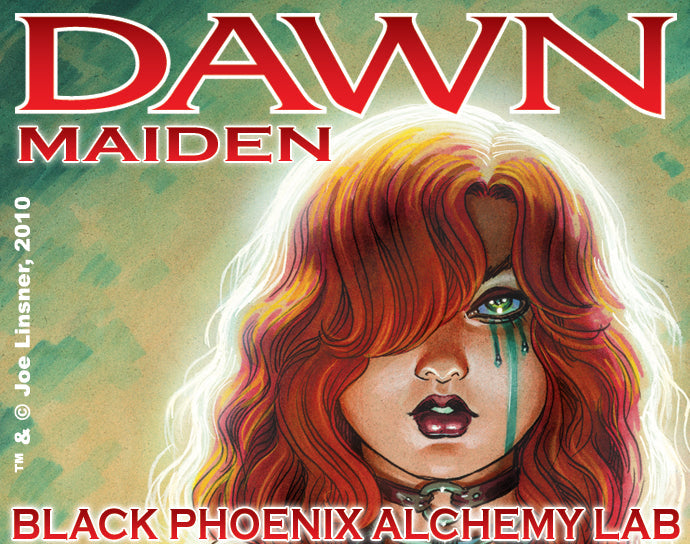 Cover of 'Dawn Maiden' by Black Phoenix Alchemy Lab featuring a woman with red hair and a green eye.