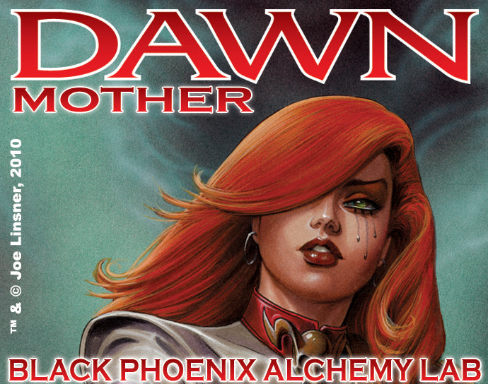 Comic book cover featuring a character with red hair and the title 'Dawn Mother' from Black Phoenix Alchemy Lab.