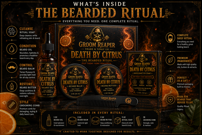 "Death by Citrus beard care bundle by Groom Reaper Trade and Tonic Co., small-batch handcrafted Bergamot Citrus beard products"
