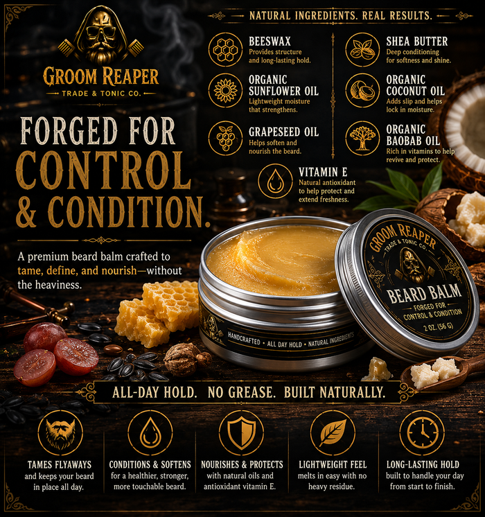 "Coffin Crème beard care bundle by Groom Reaper Trade and Tonic Co., small-batch handcrafted Sandalwood Vanilla beard products"