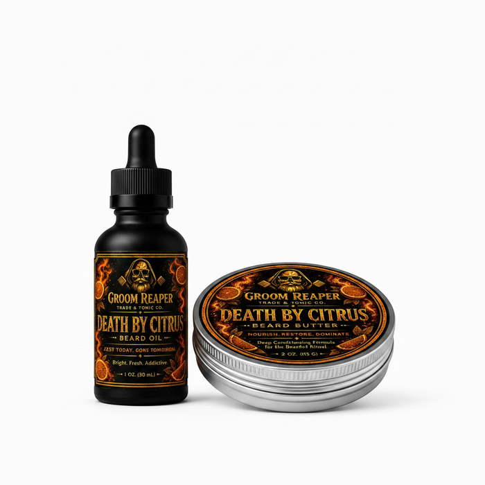 Groom Reaper Death By Citrus Beard Oil & Butter 2-Piece Set – The Morning Ritual – bright fresh addictive – bergamot citrus scent – 1 oz beard oil and 2 oz beard butter – small-batch beard care bundle for men