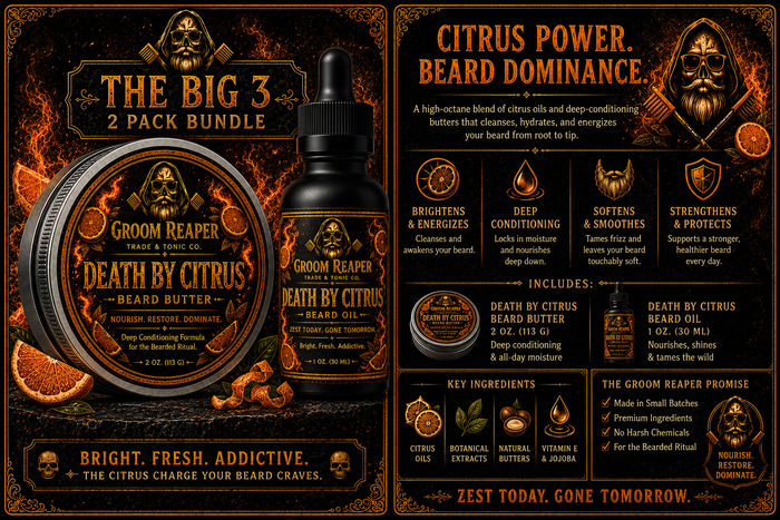 Death By Citrus 2-Pack Bundle – The Big 3 – citrus power beard dominance – brightens and energizes, deep conditioning, softens and smoothes, strengthens and protects – includes Death By Citrus Beard Butter 2 oz and Beard Oil 1 oz – citrus oils, botanical extracts, natural butters, vitamin E and jojoba – Groom Reaper