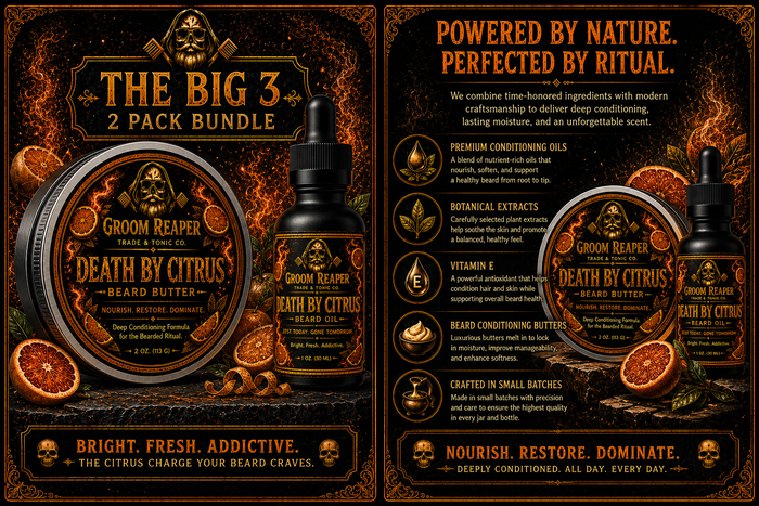 Death By Citrus 2-Pack Bundle – powered by nature perfected by ritual – premium conditioning oils, botanical extracts, vitamin E, beard conditioning butters, crafted in small batches – deep conditioning lasting moisture unforgettable scent – nourish restore dominate – Groom Reaper Trade & Tonic Co.