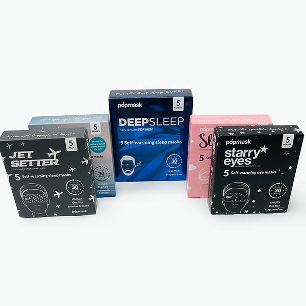Five different boxed sets of Deep Sleep Fragrance-Free Self-Warming Large Sleep Masks (5 Pack) | Popmask displayed, designed for relaxation and improved wellness.