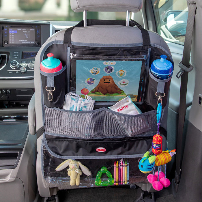 The Nuby Deluxe Back Seat Organizer is a car storage solution for baby travel essentials, holding two sippy cups, a tablet, toys, and coloring supplies to keep your back seat tidy.