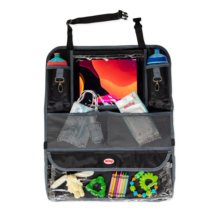 The Nuby Deluxe Back Seat Organizer in black features mesh and clear pockets to hold two bottles, a tablet, toys, wipes, a mask, and markers—making it the perfect storage solution for baby travel essentials.