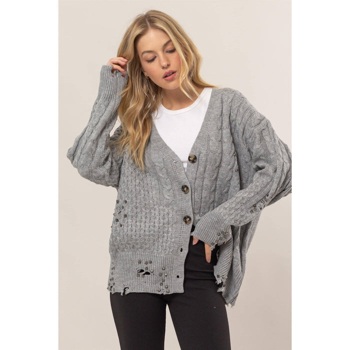Distressed Studded Cable Knit Cardigan