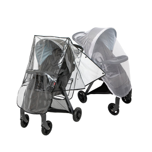 Two baby strollers side by side, each covered with the Eco Stroller Weather Shield & Insect Netting Set—one clear and one white—crafted from recycled materials, on a white background.