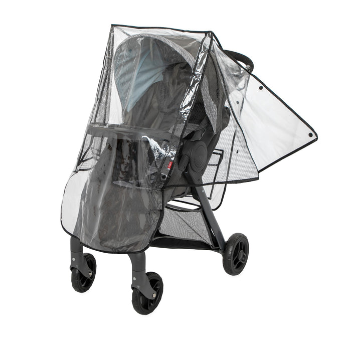 The Eco Stroller Weather Shield & Insect Netting Set is a transparent cover made from recycled materials with mesh ventilation. It fully encloses your stroller, protecting the seat and frame from rain while allowing visibility inside.