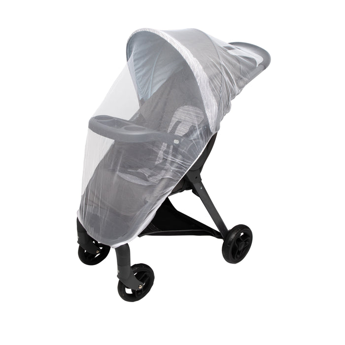 The Eco Stroller Weather Shield & Insect Netting Set, shown on a black stroller made from recycled materials, features transparent bug netting and is displayed against a white background.