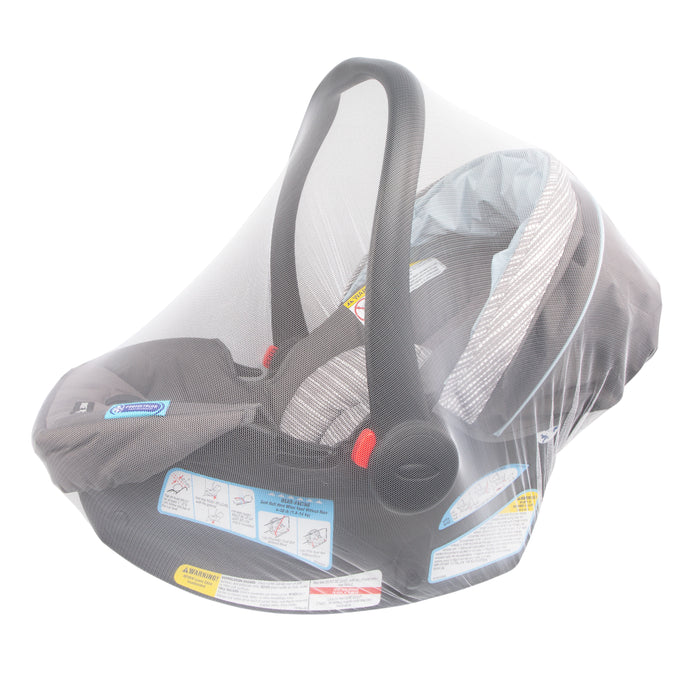 The Eco Stroller Weather Shield & Insect Netting Set features transparent bug netting over a black infant car seat with gray interior, made from recycled materials, plus a carrying handle, safety labels, and instructional stickers on the base.