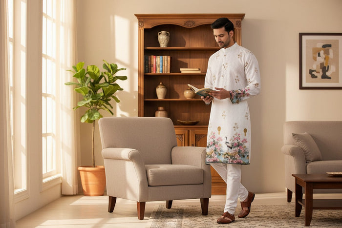Kurti Connection USA white embroidered kurta for men with floral and crane print accents on sleeves and hem.