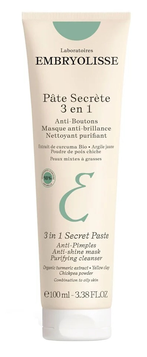 Embryolisse 3-in-1 Secret Paste 100ml, nourishing multi-purpose skincare product in a white tube with a flip-top cap.