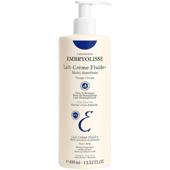 Embryolisse Lait-Crème Fluide+ 400 ml bath and body moisturizer, lightweight and nourishing cream in a large pump bottle.