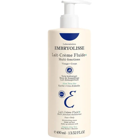 Embryolisse Lait-Crème Fluide+ 400 ml bath and body moisturizer, lightweight and nourishing cream in a large pump bottle.