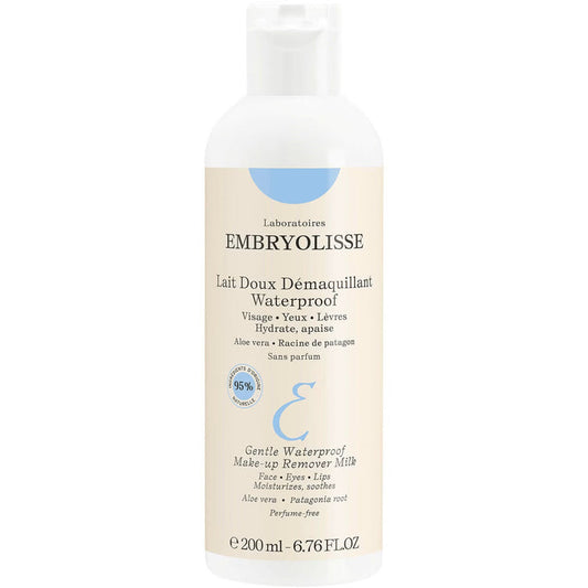 Embryolisse Gentle Waterproof Make-up Remover Milk 200ml bottle with a soft pump dispenser and white packaging.
