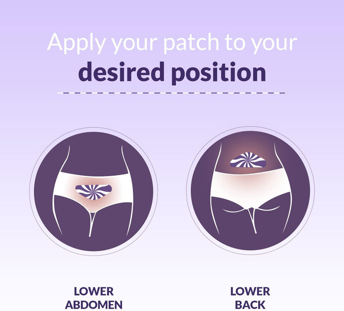 Instructional graphic showing where to apply the Even Bigger Hug - 3 pack | Popmask patch on the lower abdomen or lower back for targeted wellness benefits.