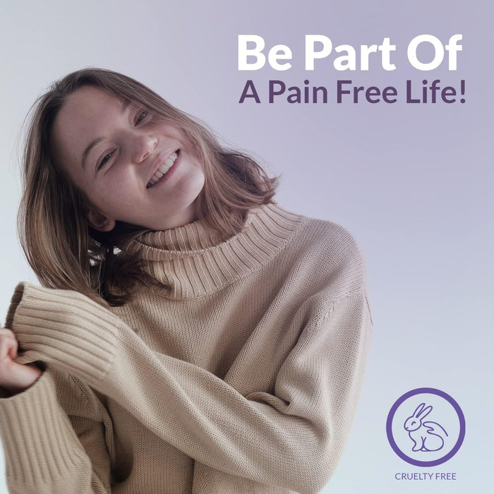 Smiling woman wearing a cozy beige turtleneck sweater promoting a pain-free life with text and cruelty-free symbol, related to Even Bigger Hug - 3 pack | Popmask.