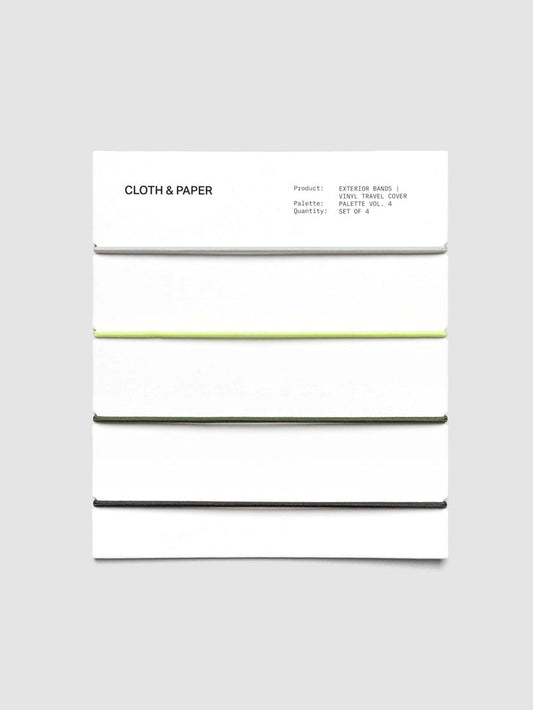 Set of four exterior elastic cover bands—grey, green, and black—on packaging card.