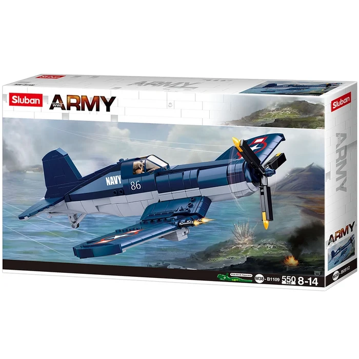 Sluban Army airplane model kit packaging with an airplane illustration on a white background