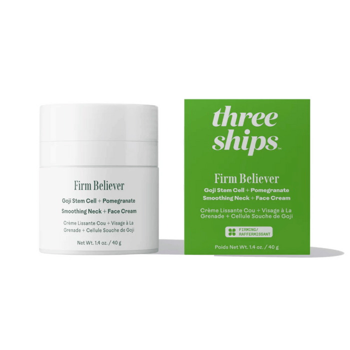 White jar and green box packaging of Firm Believer Goji Stem Cell + Pomegranate Smoothing Neck + Face Cream | Three Ships skincare product for neck and face firming.