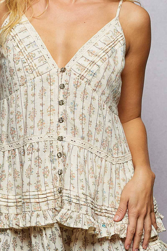 Floral Cotton Pintuck Ruffle Button Down Cami Top: ALMOND / S