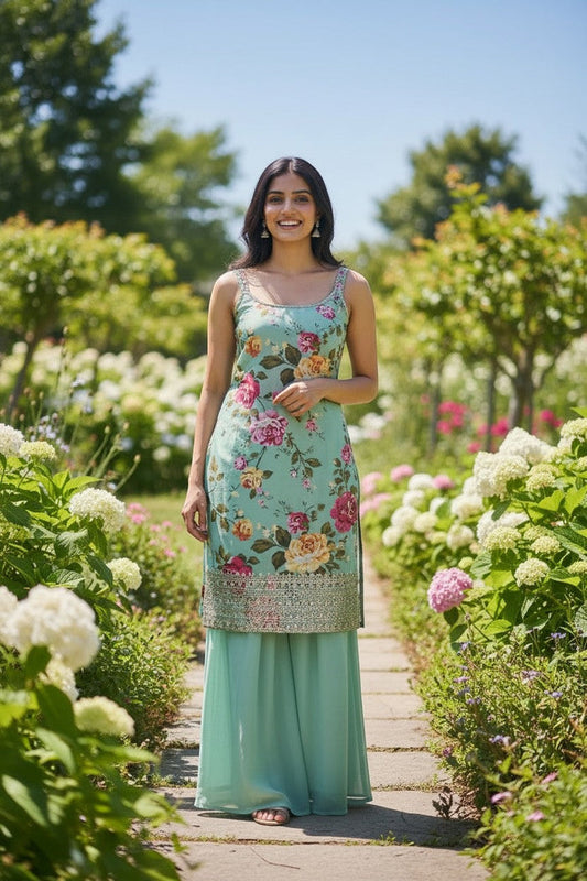 Kurti Connection USA mint green floral sleeveless kurti with sequin hem and palazzo pants.
