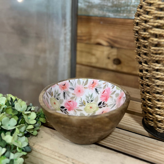 Floral Lined Wooden Bowl