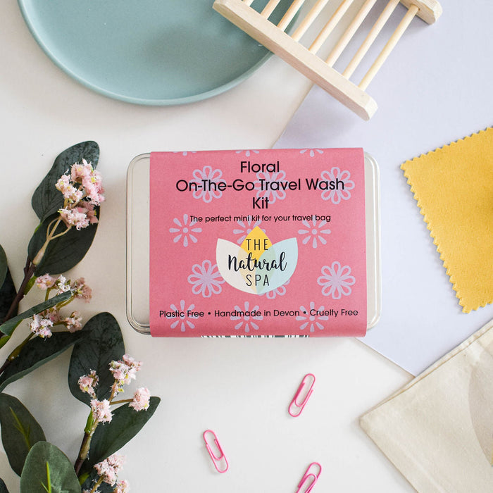 floral on the go travel was kit, gift set, travel tin, travel-sized, hand luggage, solid toiletries, plastic-free, vegan