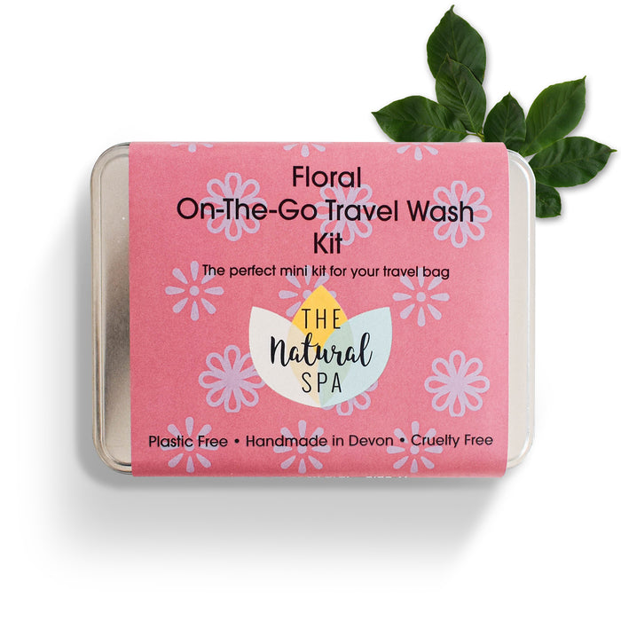 floral on the go travel was kit, gift set, travel tin, travel-sized, hand luggage, solid toiletries, plastic-free, vegan